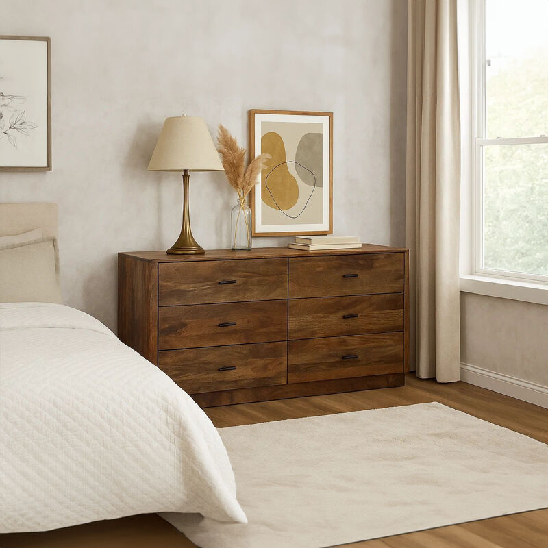 Tao 6 Drawers Dresser, Mango Wood, Walnut Finish, 60"