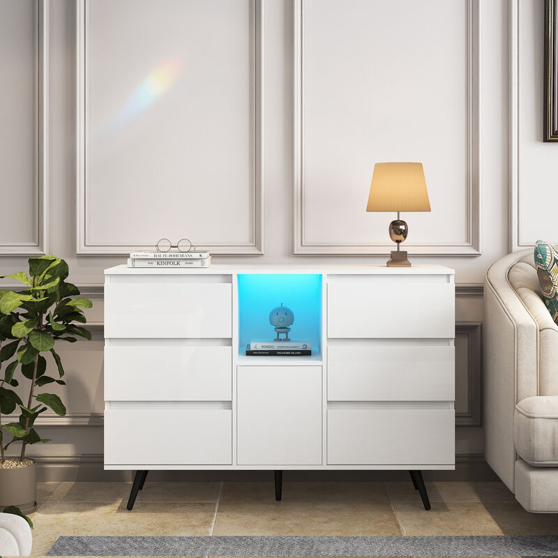 Living Room Sideboard Storage Cabinet White High Gloss with LED Light, Modern Kitchen Unit Cupboard Buffet Wooden Storage Display Cabinet