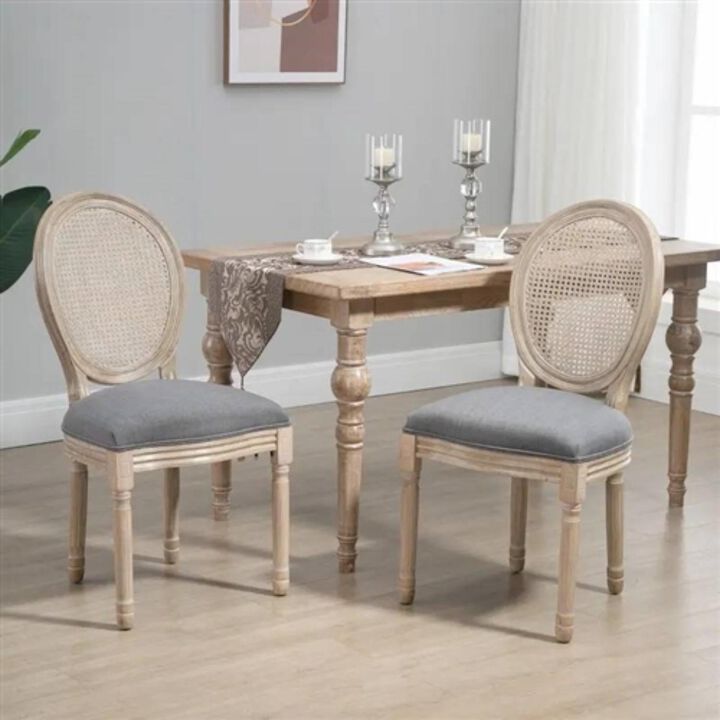 Hivvago Set of 2 Vintage Upholstered Armless Rattan Back Dining Chairs Grey Wash