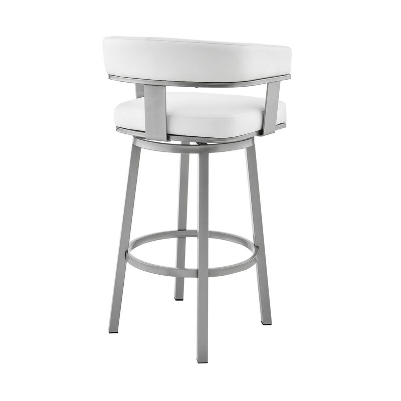 Cohen Bar Height Swivel Bar Stool in Silver Finish with White Faux Leather