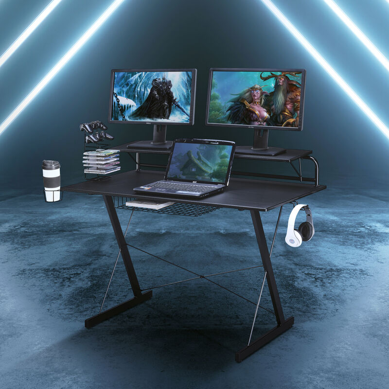Streamdale Carbon Computer Gaming Desk With Shelving