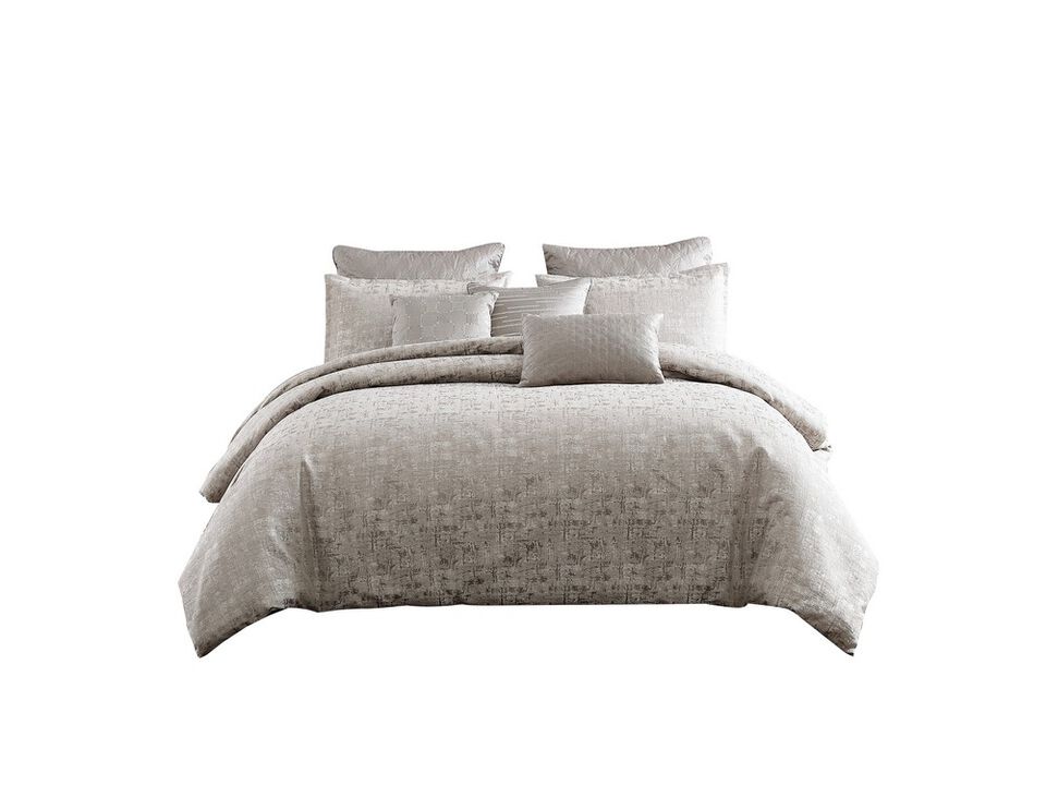 10 Piece King Polyester Comforter Set with Jacquard Print, Gray - Benzara