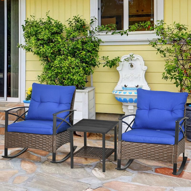 Outsunny 3 Piece Patio Rocking Chair Set, Outdoor Wicker Bistro Set with 2 Cushioned Porch Rockers, 2 Tier Coffee Table, for Gaden, Patio, Dark Blue