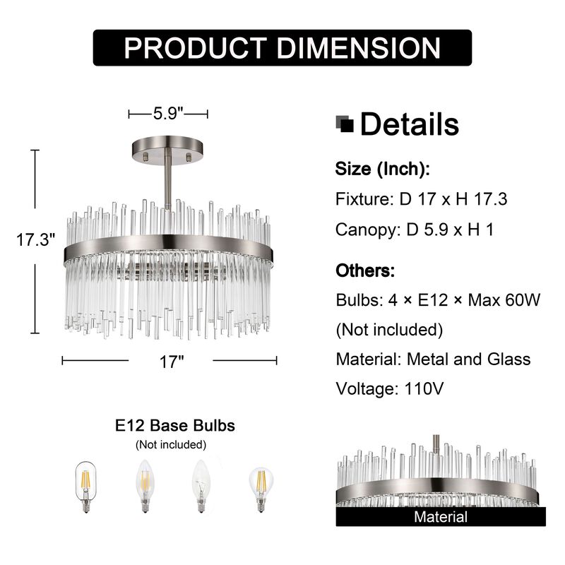 Elisa 17" 4-light Satin Nickel Finish Flush Mount with Clear Glass Bars image number 2