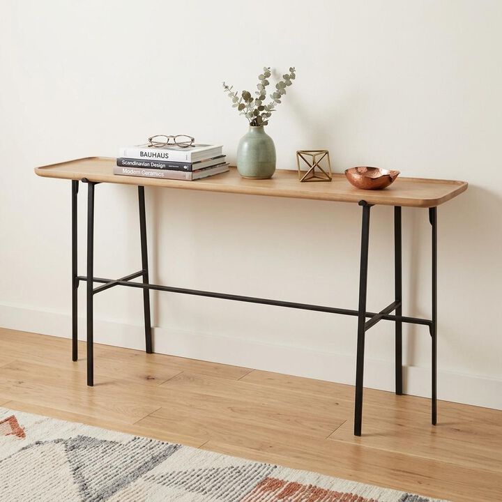 HomeRoots 60" Brown and Black Solid Wood and Metal Trestle Console Table