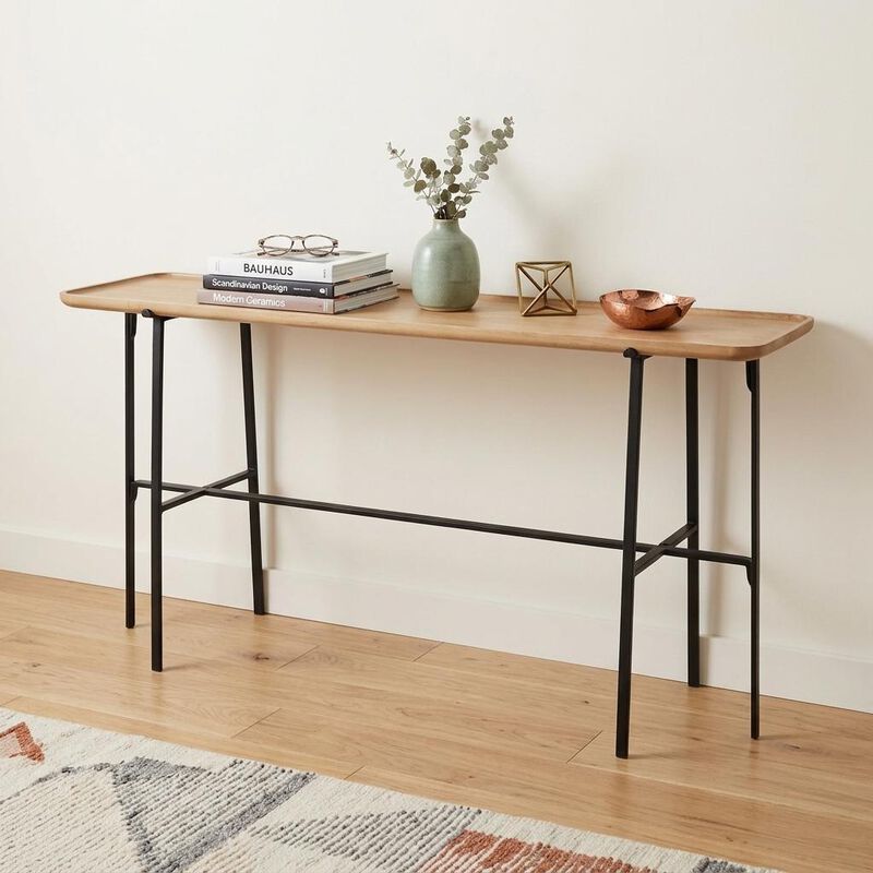 HomeRoots 60" Brown and Black Solid Wood and Metal Trestle Console Table image number 1