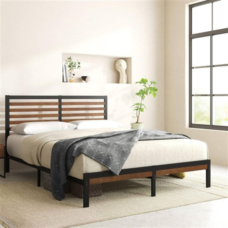 Wicker and Metal Platform Bed Frame for Stylish Bedroom Storage and Support