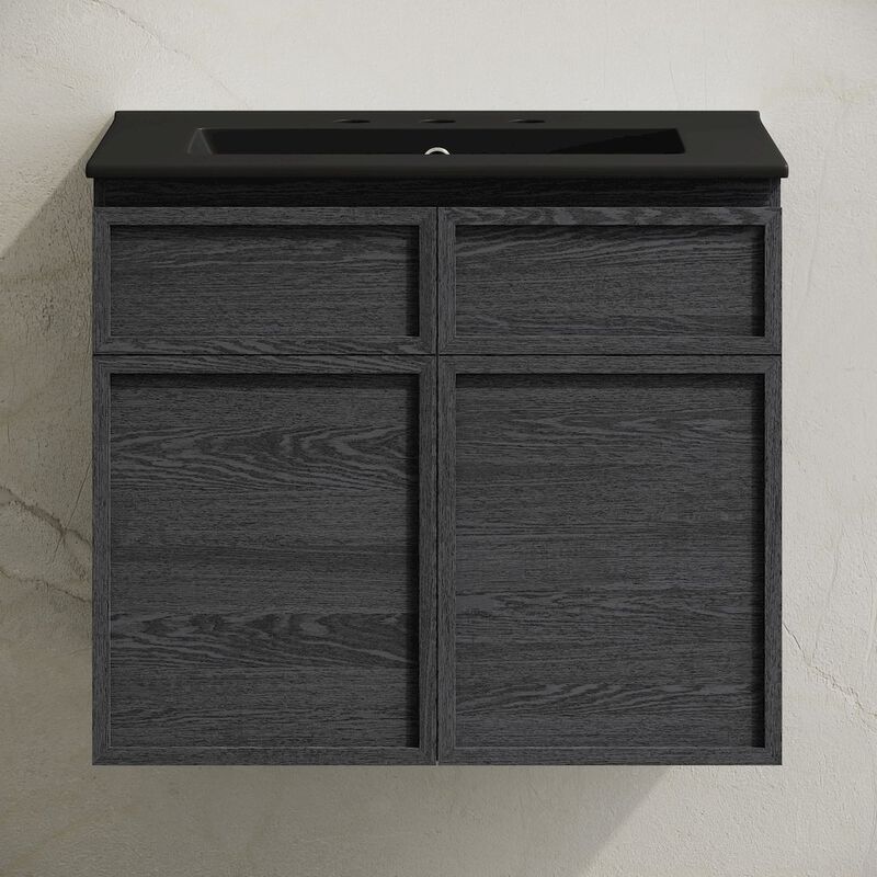 24" Wall-Mounted Bathroom Vanity in Black Oak, Black 3-Hole Widespread Sink Top image number 4
