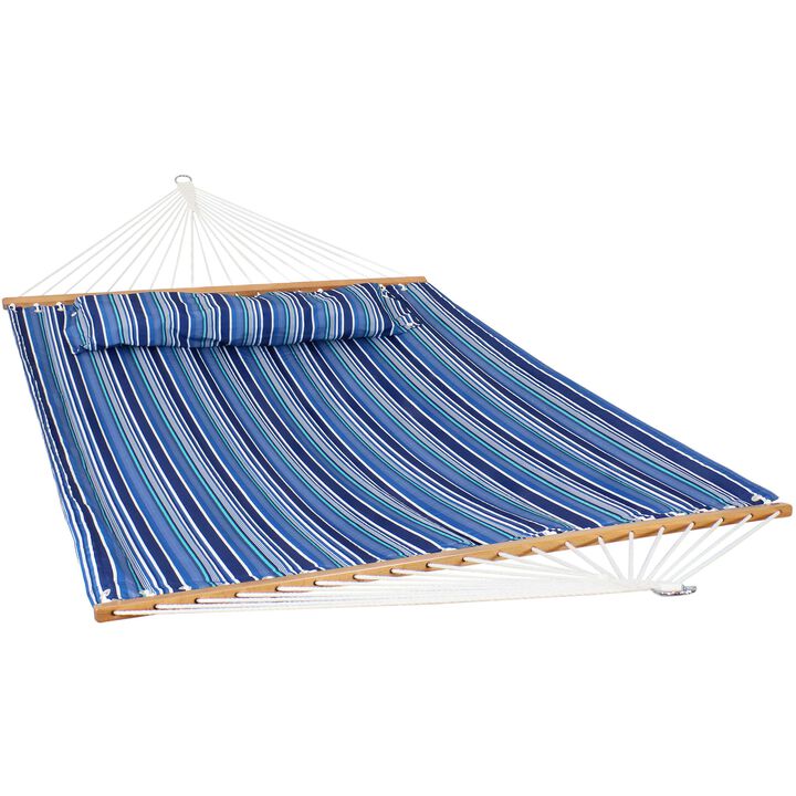 Sunnydaze Large Quilted Hammock with Spreader Bar and Pillow - Khaki Stripe