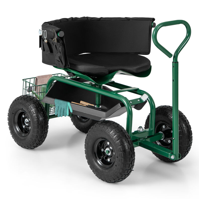 Cushioned Rolling Garden Cart Scooter with Storage Basket and Tool Pouch