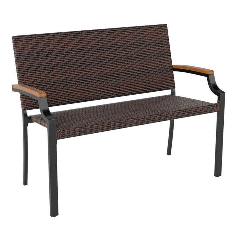 Wicker Patio Loveseat Chair Featuring Acacia Wood Armrests and Metal Frame