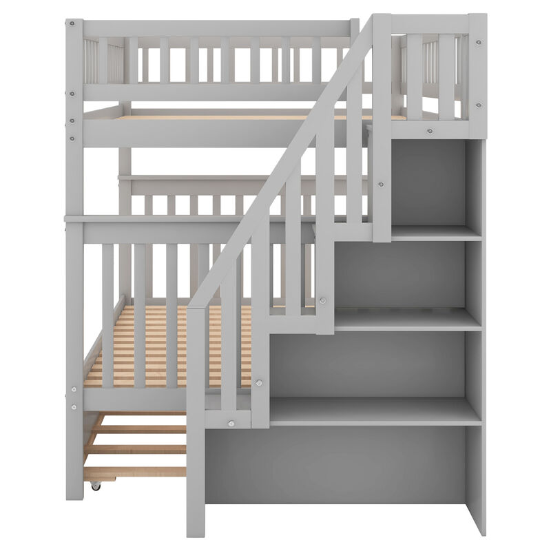 Whisen Full over Full Wood Bunk Bed with Trundle and Storage Staircase - Gray