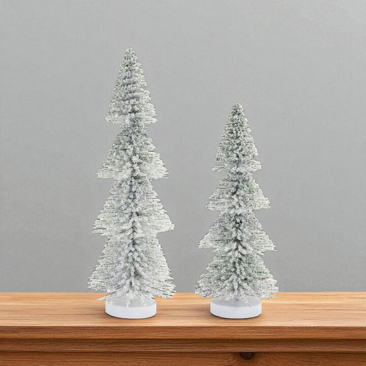 Set of 2 Flocked Bottle Brush Trees – Snowy Mini Holiday Trees for Tabletop, Mantel, or Winter Village Display