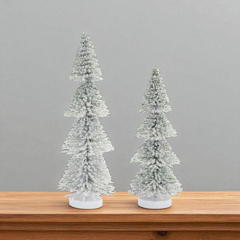 Set of 2 Flocked Bottle Brush Trees – Snowy Mini Holiday Trees for Tabletop, Mantel, or Winter Village Display