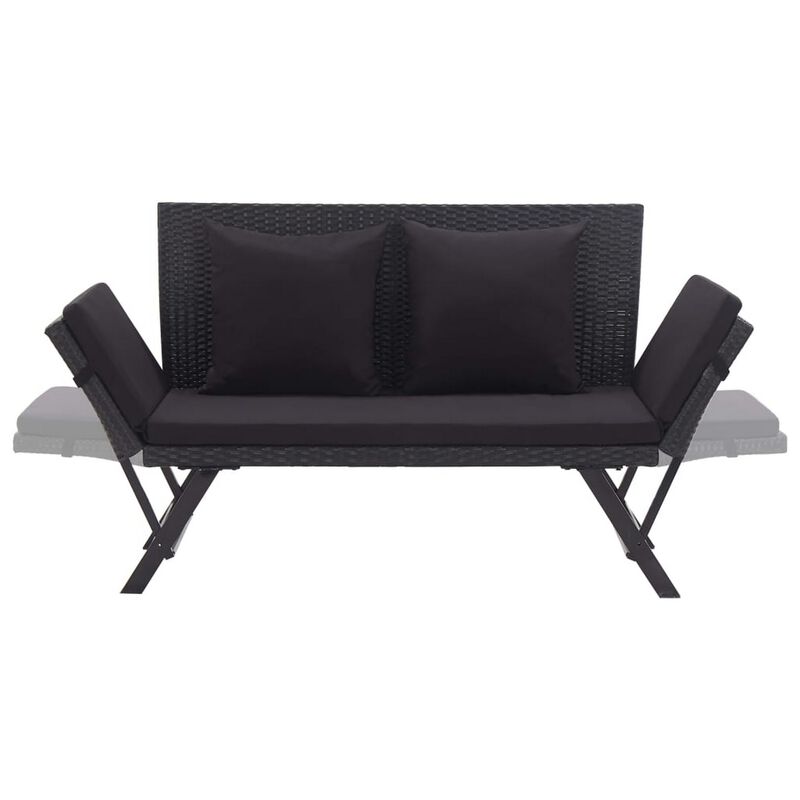 Outdoor Loveseat Bench, Black Fabric Cushions, Rattan, Steel, 51 Inch - Benzara