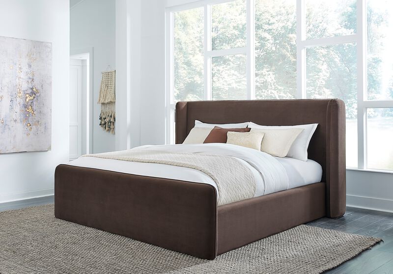Bacall King-size Velvet Upholstered Wingback Platform Bed in Cola