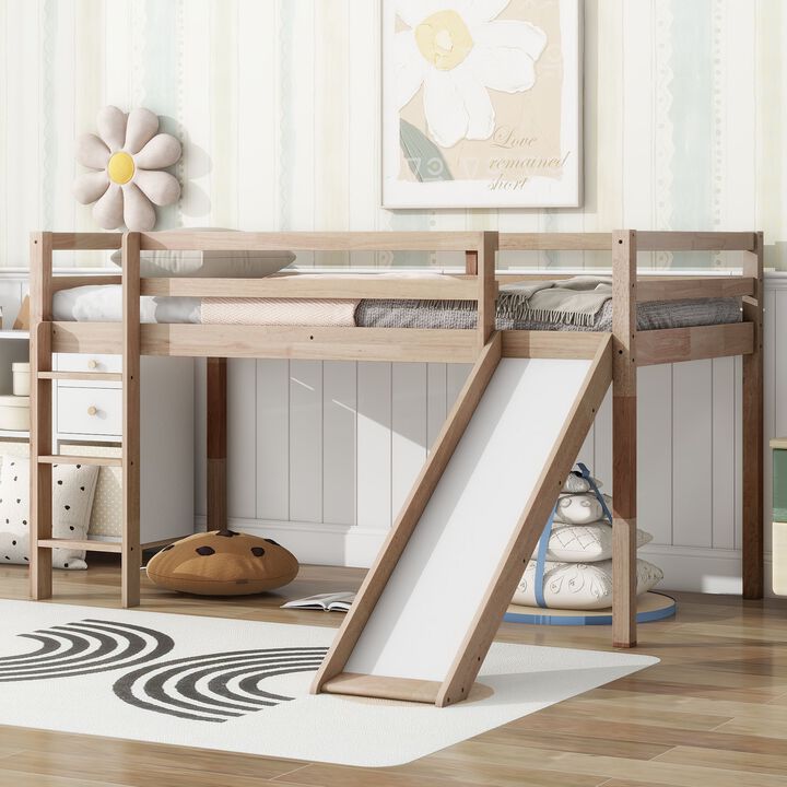 Whisen Twin Size Low Loft Bed with Slide, Ladder and Safety Guardrails