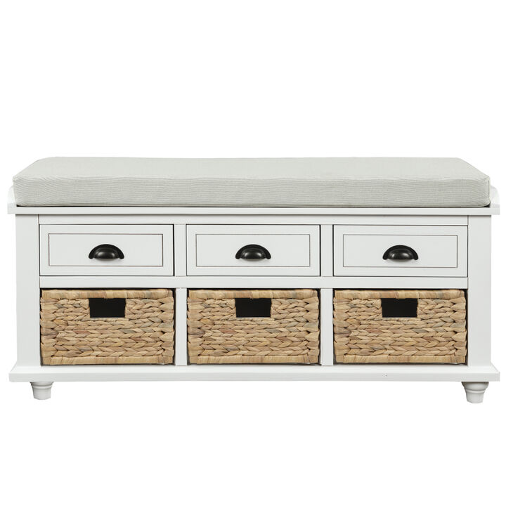 Rustic Storage Bench with 3 Drawers and 3 Rattan Baskets, Shoe Bench for Living Room, Entryway (White Washed)