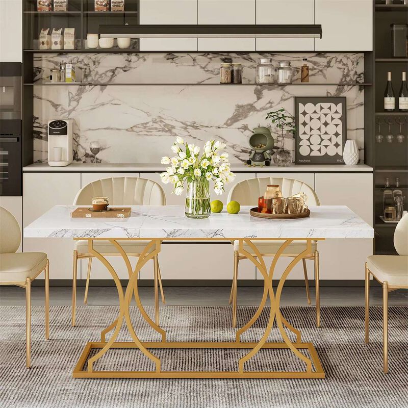 63" Luxury Dining Table Kitchen Dining Room Table Rectangle Modern Marble White Dinner Table with Gold Metel Frame for 6 People image number 2