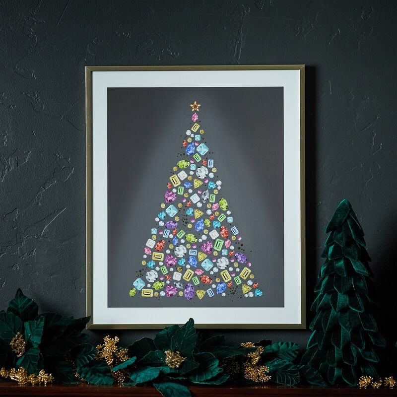 Framed Holiday Tree Print with Jewel Accents for Wall or Shelf Display