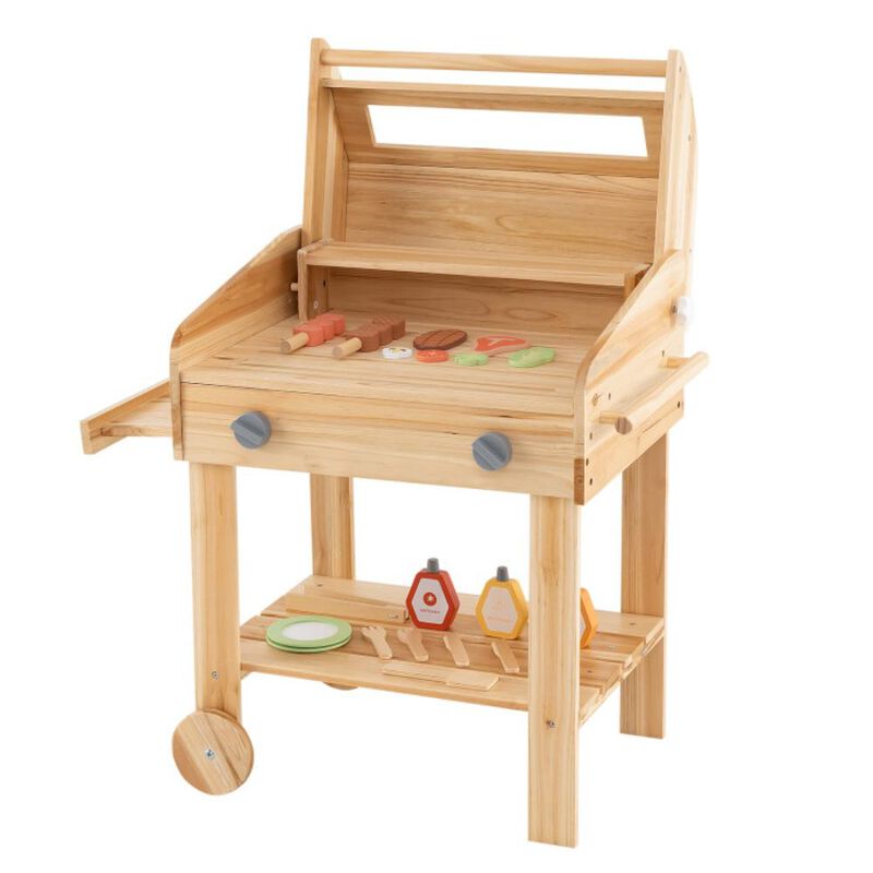 Hivvago Kids Wooden Barbecue Grill Playset Pretend Kitchen with Food and Wheels