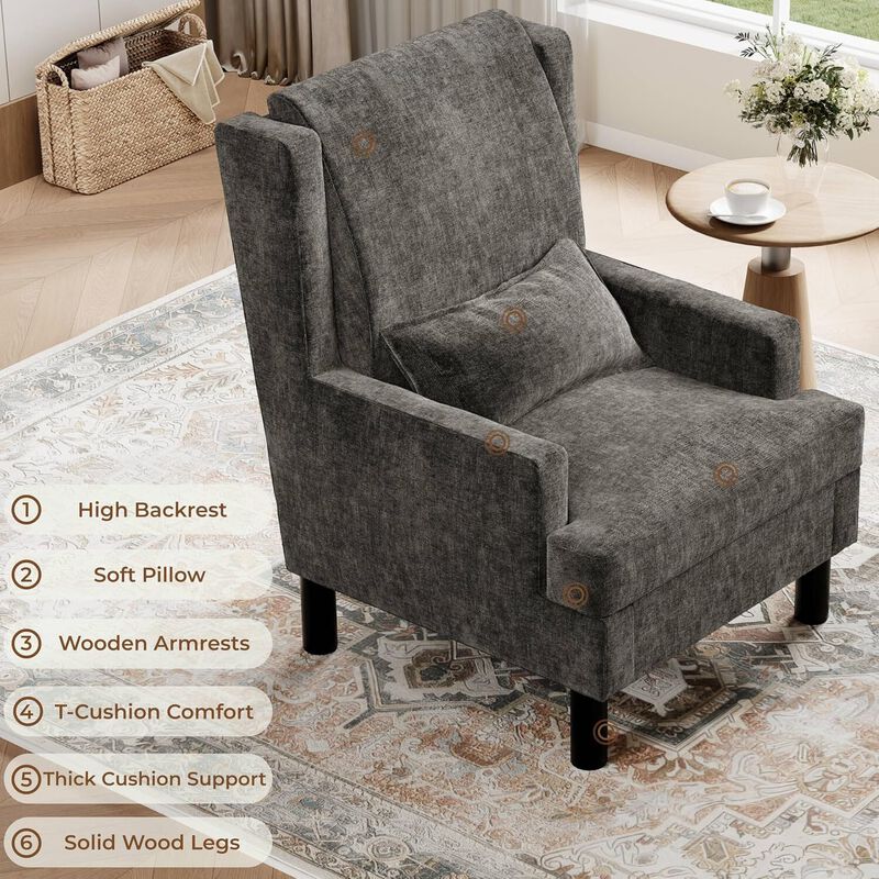 Upholstered Wingback Accent Chair, Modern Reading Armchair for Living Room, Bedroom, Grey image number 2