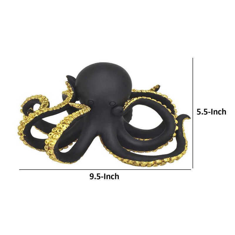10 Inch Ocean Octopus Animal Figurine Decor, Black, Gold Finish, Resin - Benzara