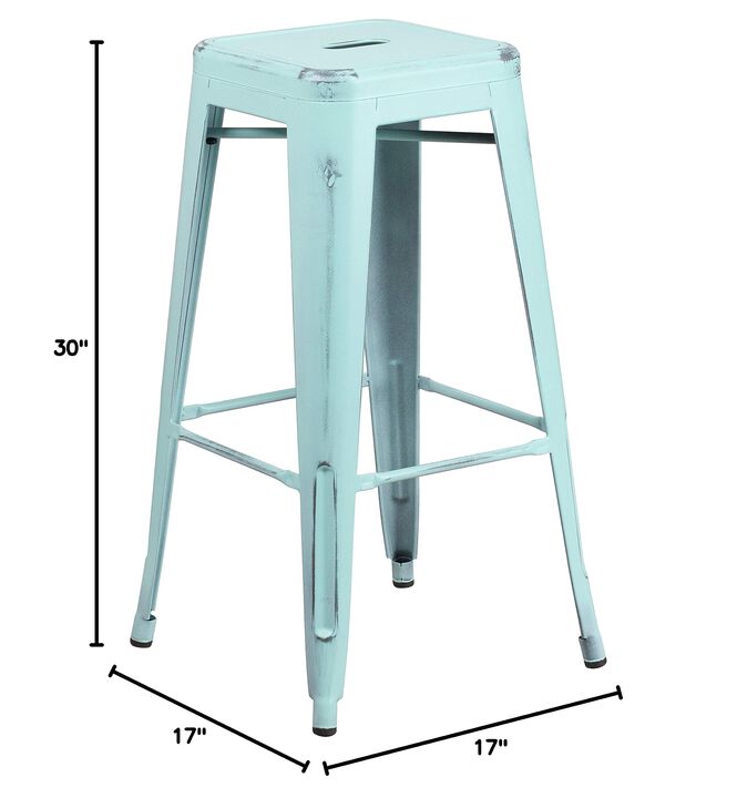Flash Furniture Kai Commercial Grade 30" High Backless Distressed Green-Blue Metal Indoor-Outdoor Barstool
