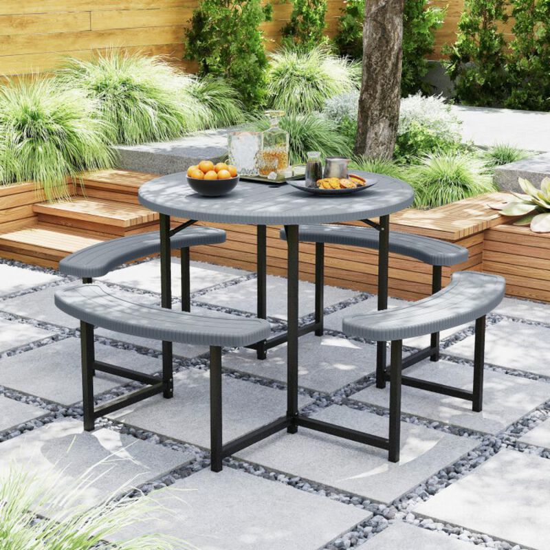 Hivvago Round Picnic Table Bench Set with 4 Benches and Umbrella Hole for Patio Lawn