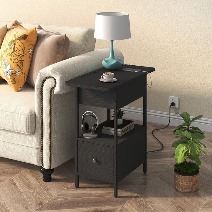 SOOWERY End Table with Charging Station, Narrow Side Table with Flip Top Cabinet and Fabric Drawer, Nightstand Bedside Tables fo