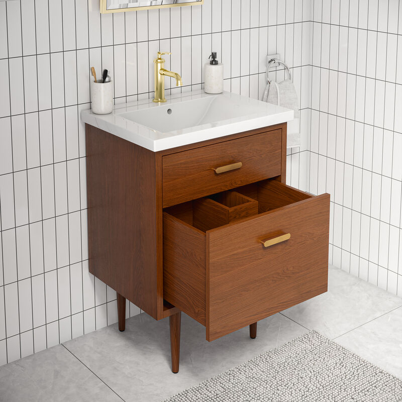 Brandy 24 In. Integrated Ceramic Sink Top Vanity in Honey Walnut
