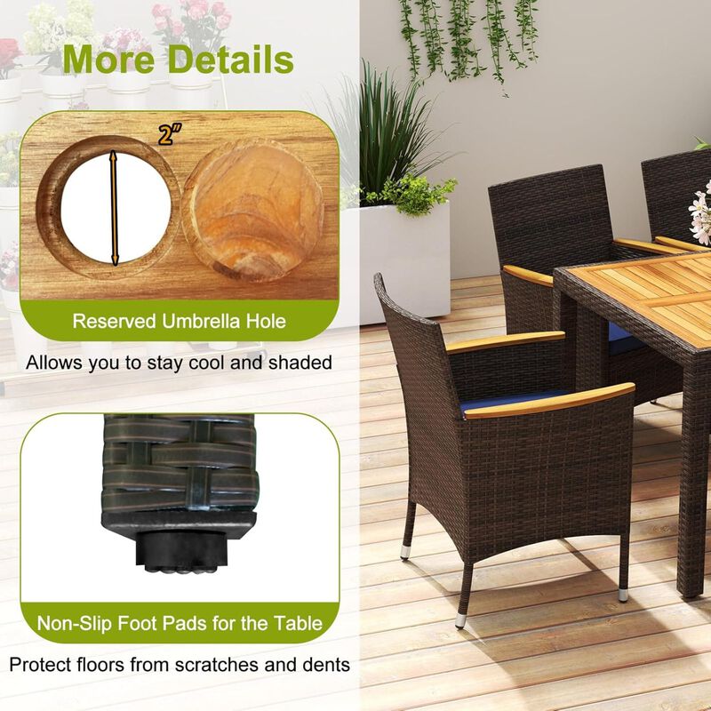 Mondawe 9-Piece Outdoor Dining Set, 1 Acacia Table & 8 PE Rattan Chairs With Padded Cushions