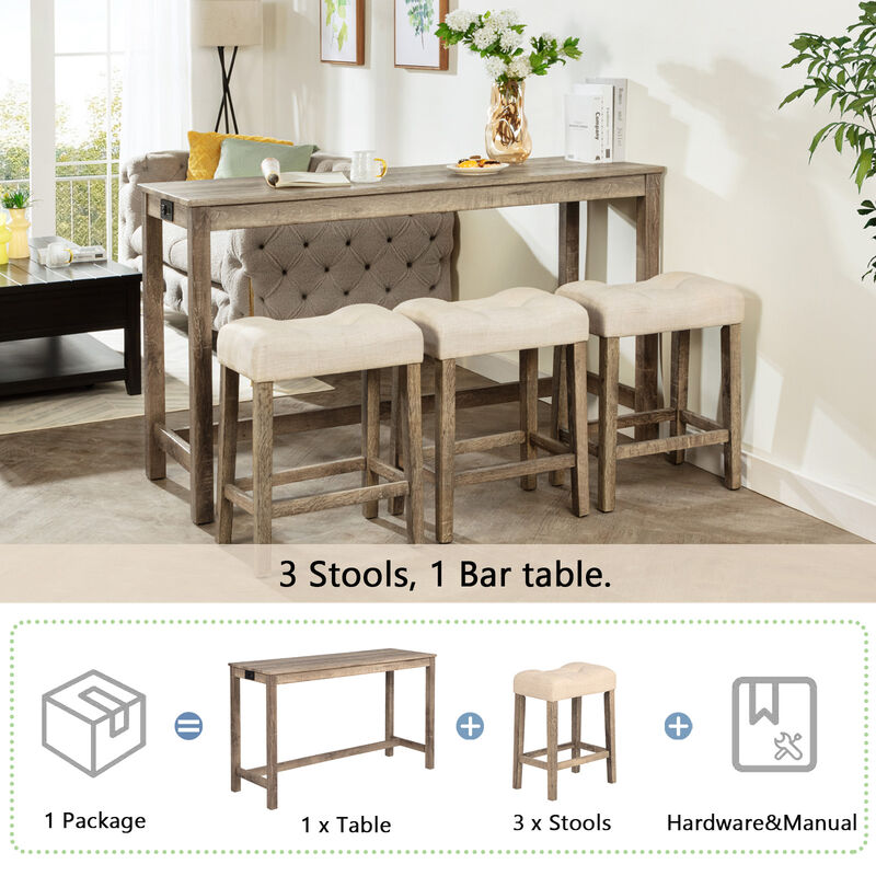 Merax Wooden Bar Table & Stool Set with USB/Type-C Ports - 3-Piece Rustic image number 6