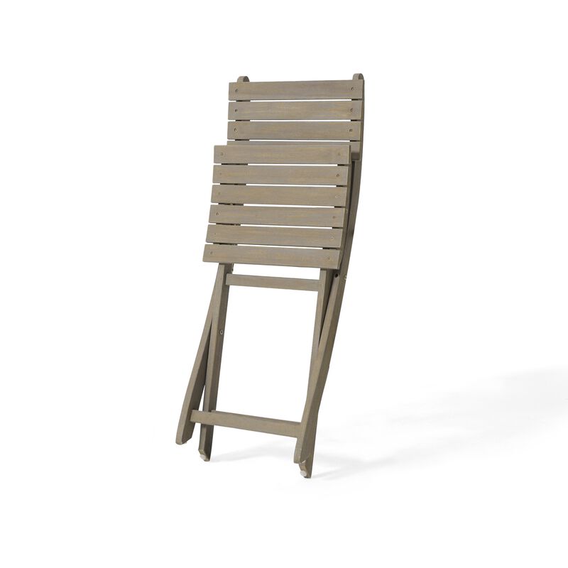 Cami Outdoor Foldable Bistro Chair, Slat Back, Cross Gray Acacia Wood - Benzara