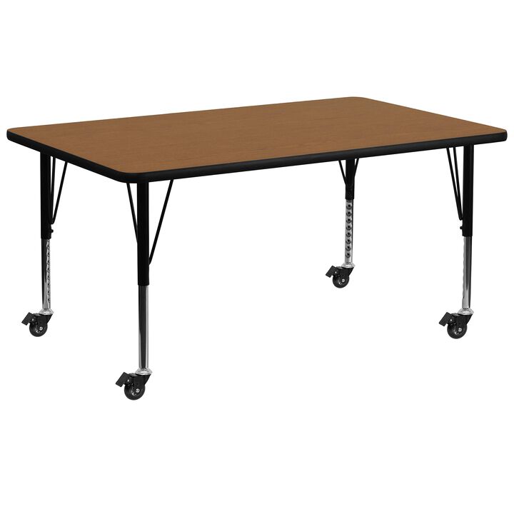 Flash Furniture Mobile 30''W x 72''L Rectangular Oak Thermal Laminate Activity Table - Height Adjustable Short Legs
