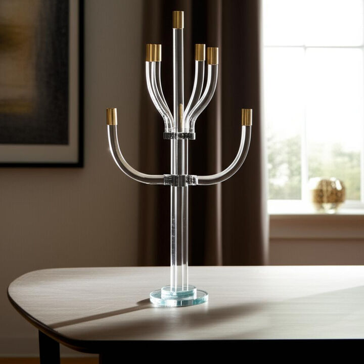 HomeRoots 23" Clear Gold And Silver Crystal Tabletop Candelabra Candle Holder