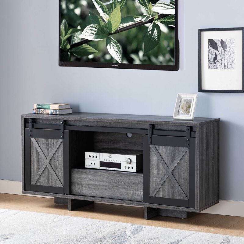 Distressed Grey & Black TV Stand/Buffet with 2 Sliding Doors Display Storage Cabinet Media Center