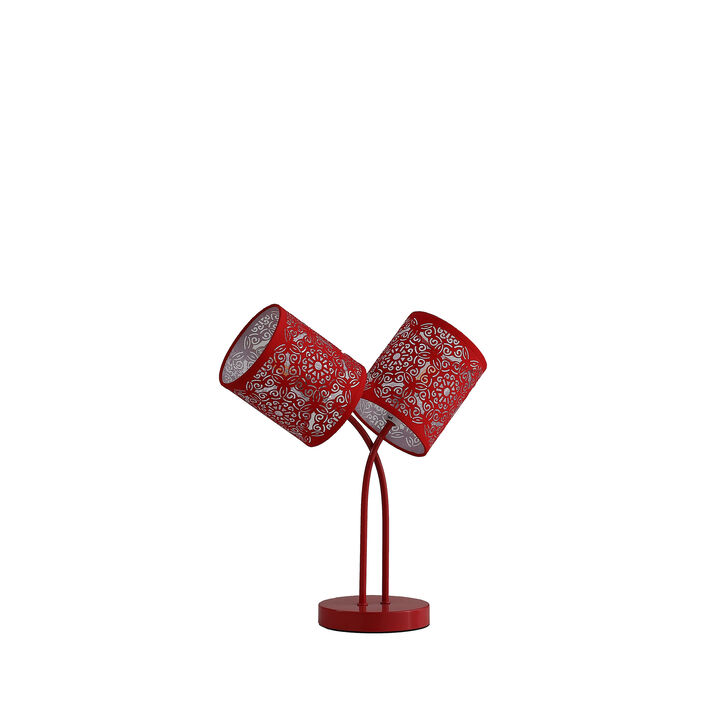 HomeRoots 17" Red Metal Two Light Table Lamp With Red Abstract Drum Shade