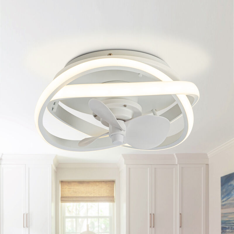 12.5" Modern White Flush Mount Ceiling Fan with LED Light