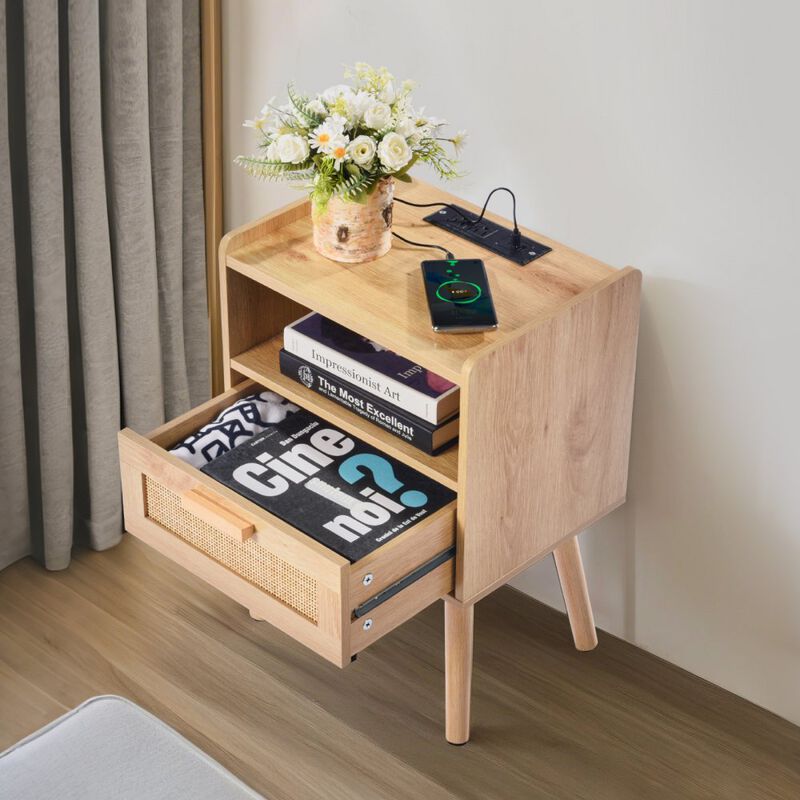 Rattan Nightstand End Table with Drawer Open Shelf Bedside Table