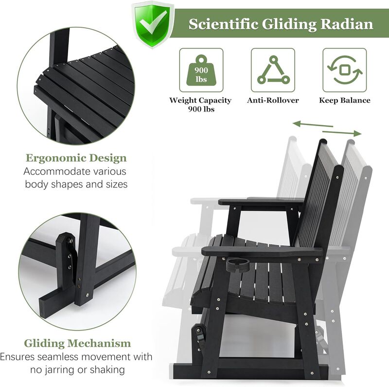 Poly Lumber Patio Glider Two Seat with Cup Holders, Durable HIPS Material, All-Weather Resistant, High Backest and Deep Contoured Seat, Heavy Duty 900 LB, for Outdoor, Porch, Patio (Carbon Black)