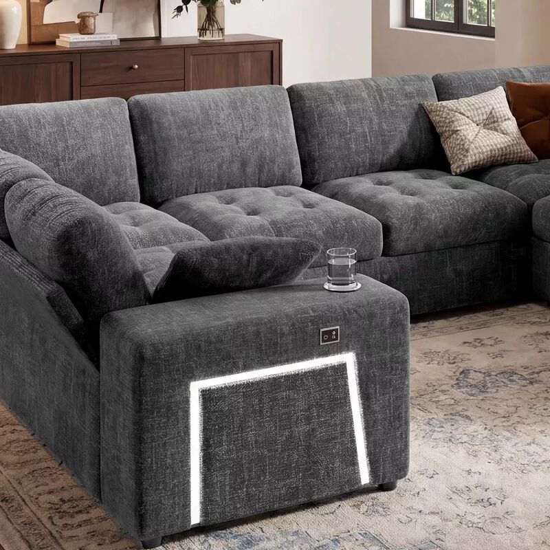 Vipbear 110" Modular Sectional Sleeper Sofa, 8-Seater Chenille U-Shaped Couch with Pull-Out Beds image number 7