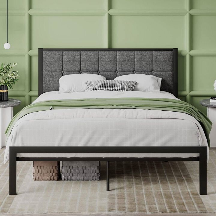 Hivvago Queen Metal Platform Bed Frame with Gray Button Tufted Upholstered Headboard