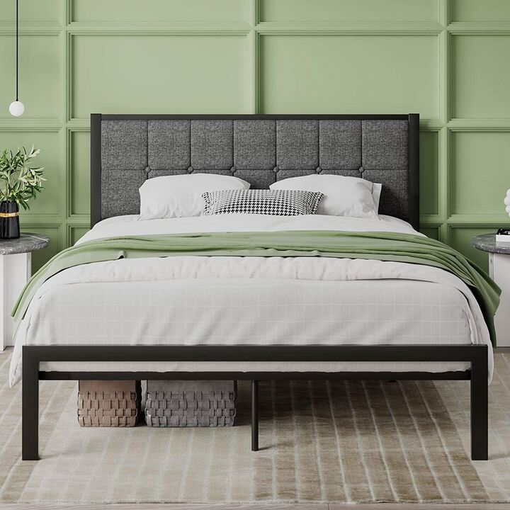 Platform Bed Frame with Metal Build and Brown Wood Panel Features