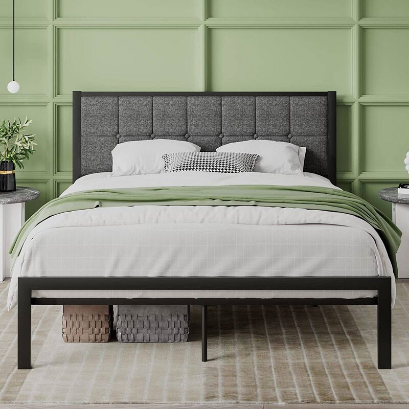 Platform Bed Frame with Metal Build and Brown Wood Panel Features