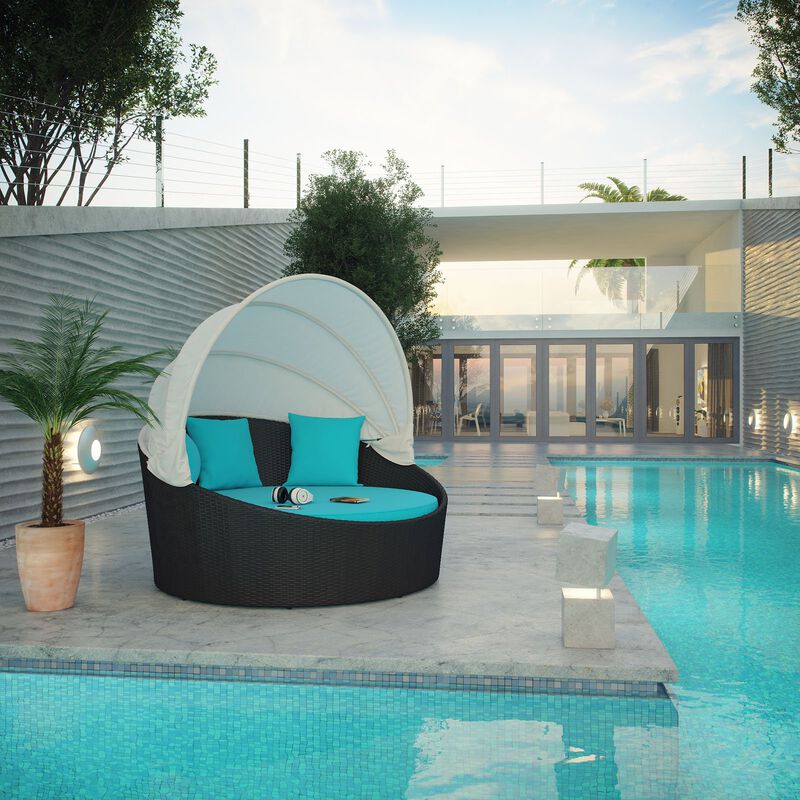 Modway Siesta Wicker Rattan Outdoor Patio Canopy Daybed in Espresso Turquoise image number 1