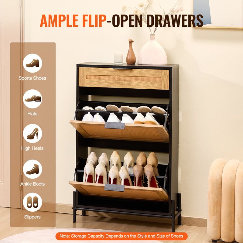 Slim Rattan Shoe Cabinet with 2 Flip Drawers and 1 Slide Drawer for Entryway