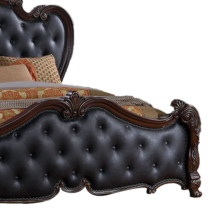 Venta Queen Bed, Brown Frame, Black Button Tufted Faux Leather Upholstery - Benzara