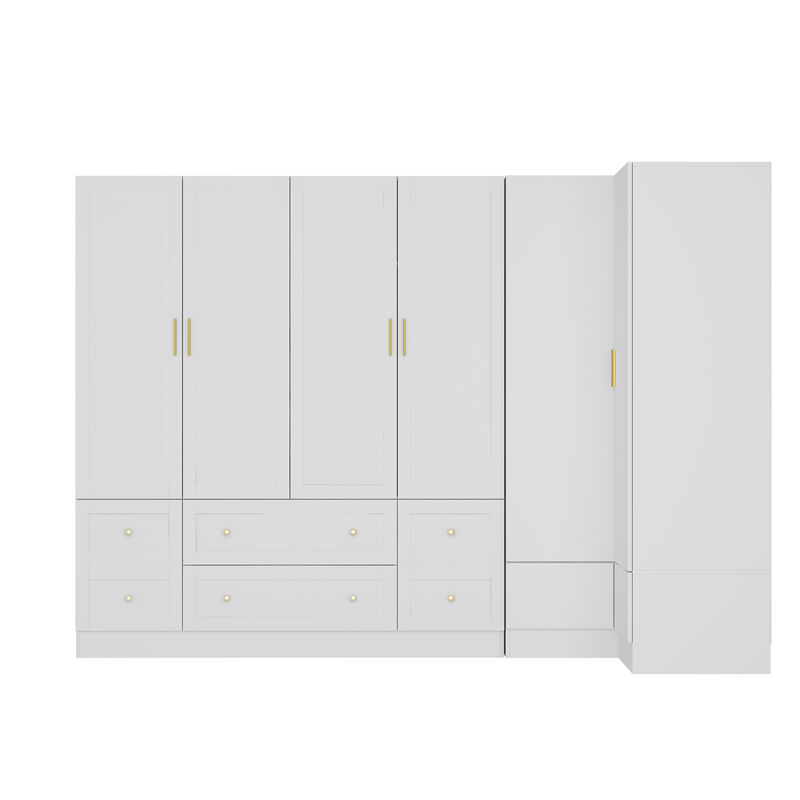 FUFU&GAGA White Corner Storage Cabinet with 3 Cabinets & 6 Drawers, PB Board Construction, Gold Handles, Space-Saving Wardrobe Organizer (97.6 x 19.7 x 70.9 in)