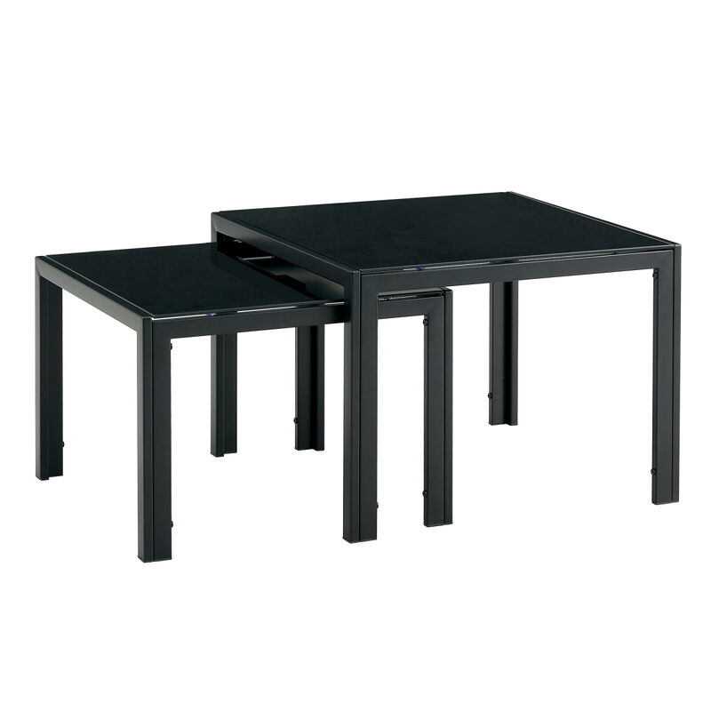 Nesting Coffee Table Set of 2, Square Modern Stacking Table with Tempered Glass Finish for Living Room,Black